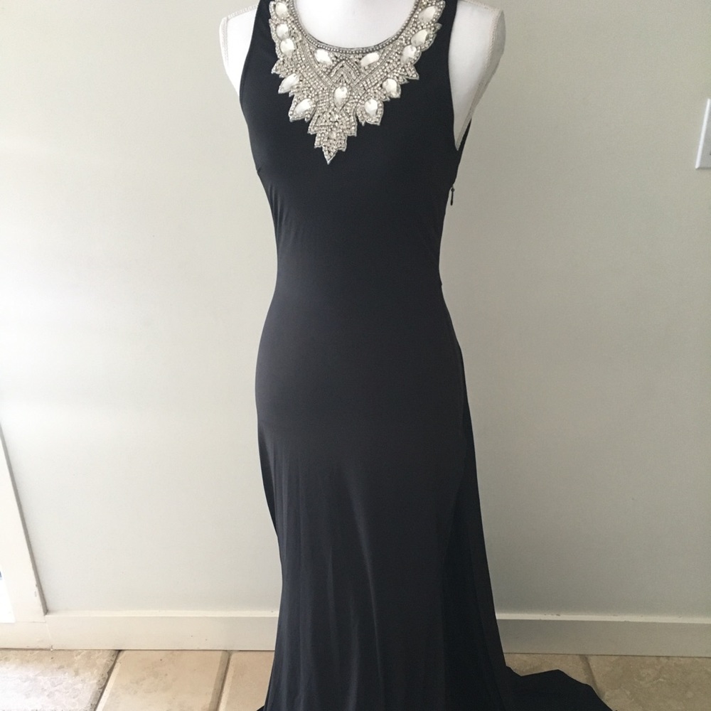 Bebe Gemstones Embellished Evening Gown with Train